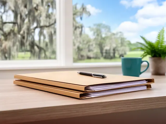 A neat stack of closed manila folders and a pen on a desk by a window.