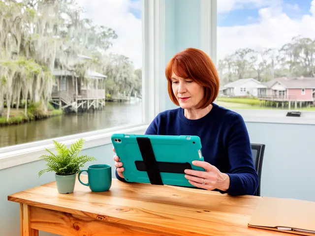 A woman with a short auburn bob reviewing a tablet at a desk in a small back office.