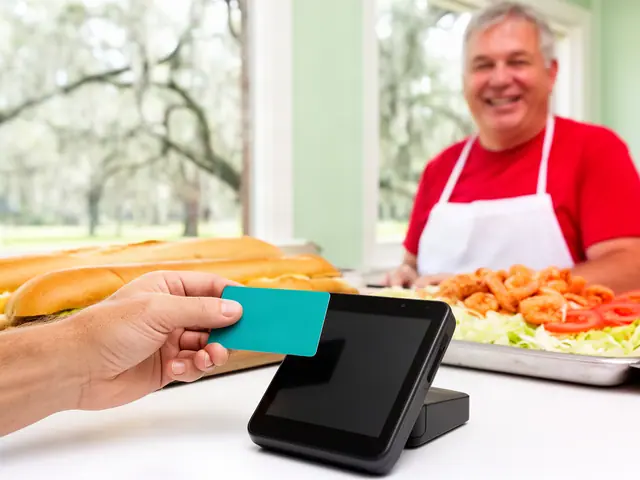 A customer taps a card on a counter terminal at a small po-boy sandwich shop.